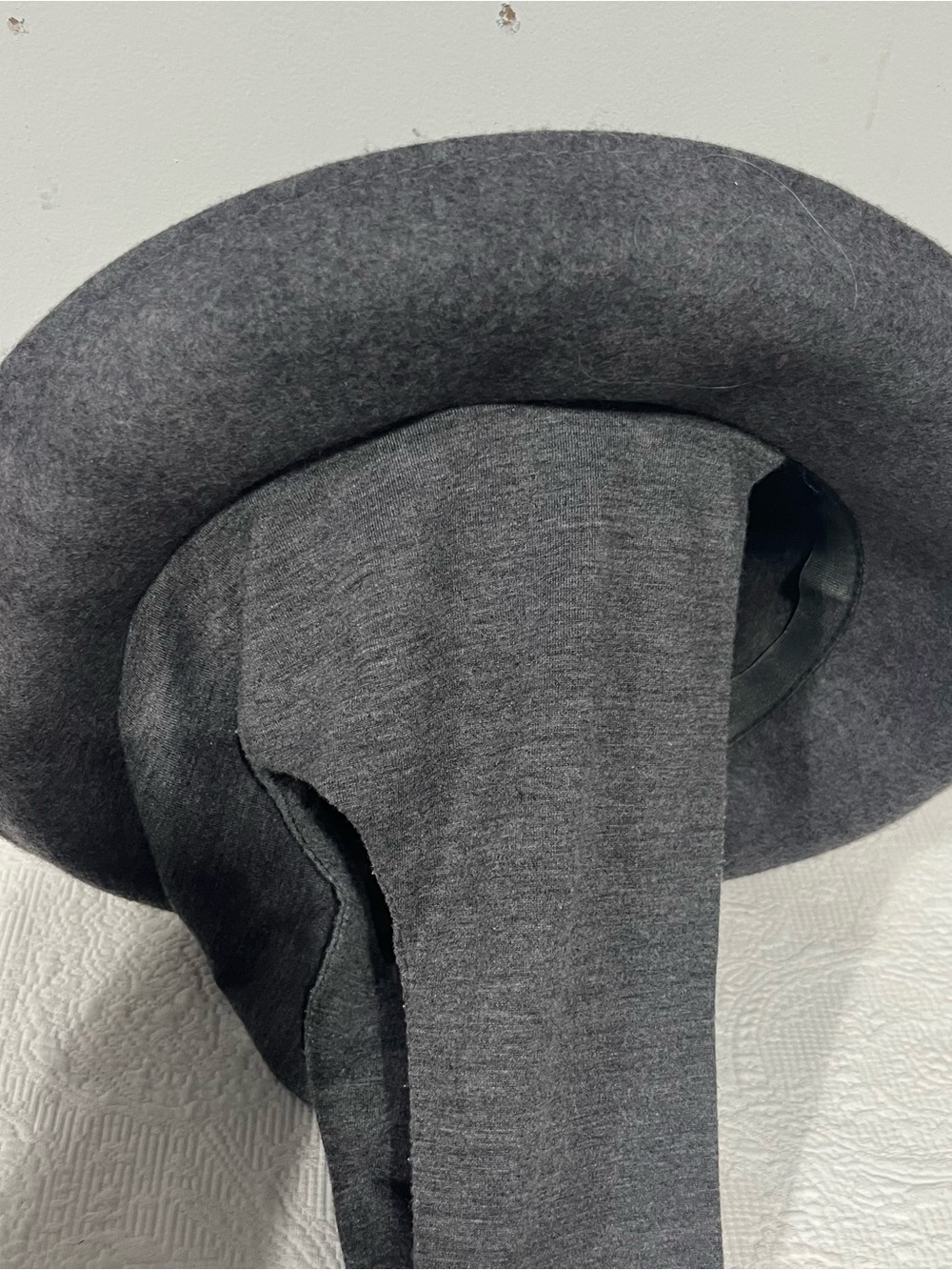 Women's Charcoal Gray Wool Bowler Scarf Hat with Ties - Picture 3 of 4